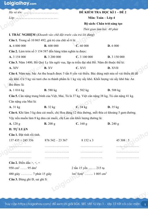 Đề kiểm tra học kì 1 Toán 4 Chân trời sáng tạo - Đề số 2